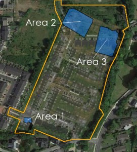 Site outline with location of Areas 1-3