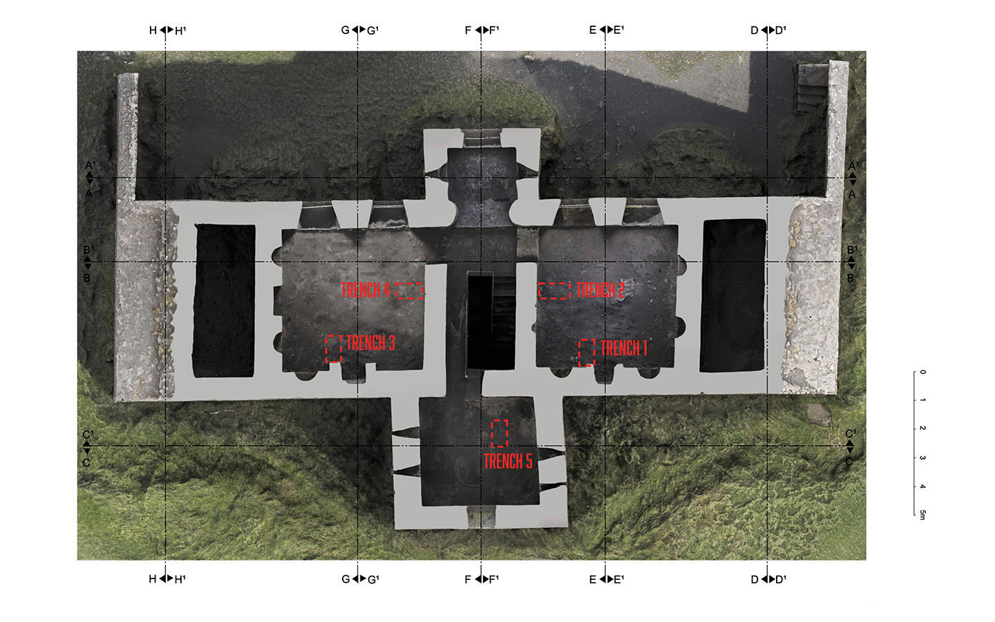 Location of test trenches in the first (upper) floor of the hunting lodge
