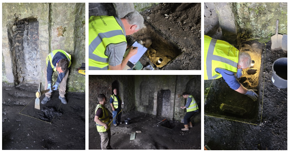 A composite image featuring a collage of pictures of the excavation team at work inside the Hellfire Club