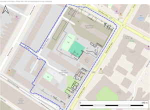 Site plan of St Mary's Place Flats with archaeological survey overlayed